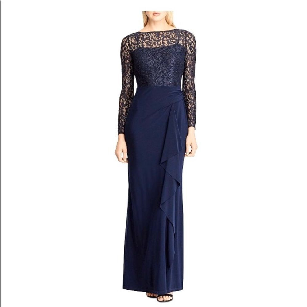 Ralph Lauren Lace Bodice Long Sleeves Gown Navy 4